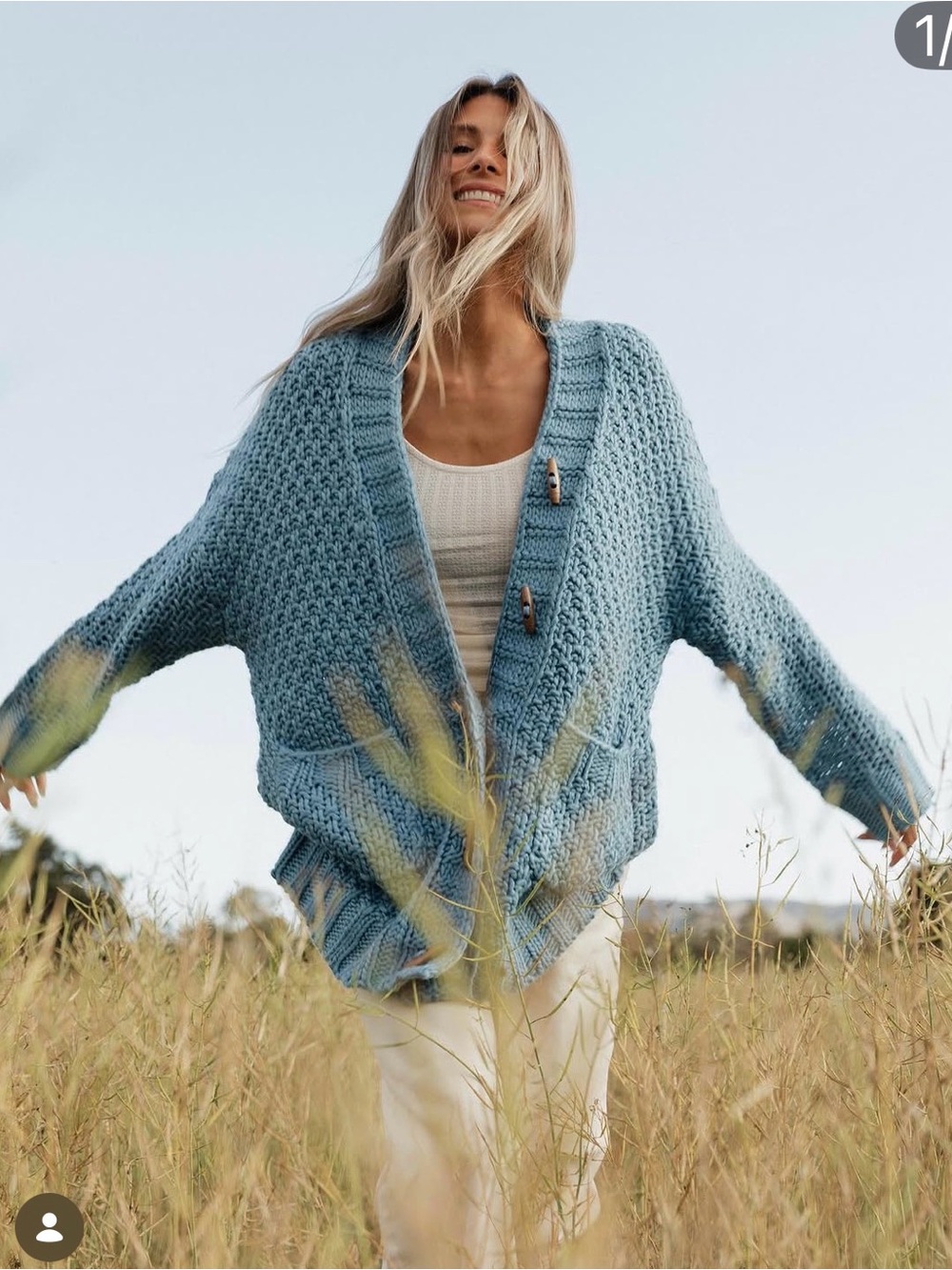 Amuse Society Chunky Knit Cardigan in Dusty Blue with Wood Buttons